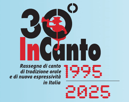 Un'immagine orizzontale con il logo dell'Istituto Ernesto de Martino, l'omino con la trombetta, rivolto verso sinistra, rosso, che spunta dallo "0" della scritta "30° InCanto - Rassegna di canto di tradizione orale e di nuova espressività in Italia - 1995-2025".