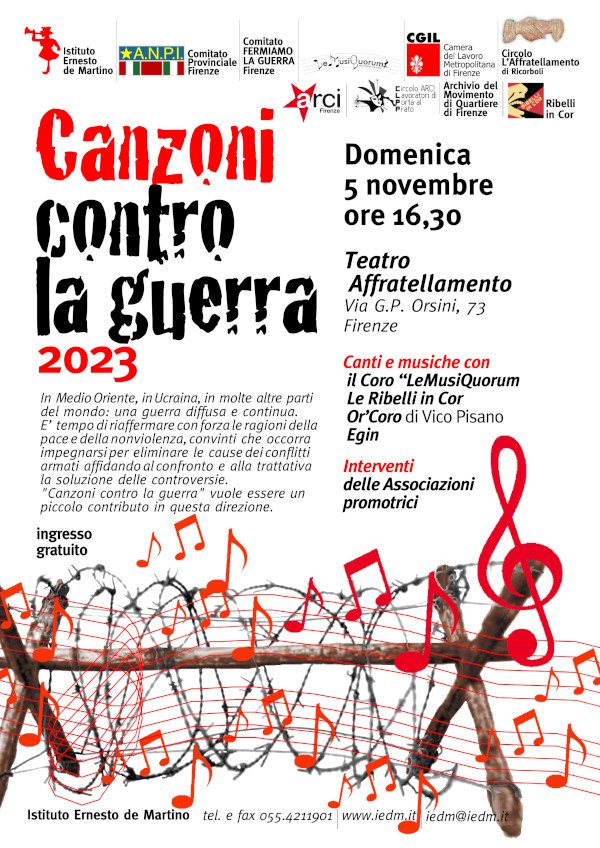 Volantino dell’iniziativa “Canzoni contro la guerra 2023” già descritta nel post.