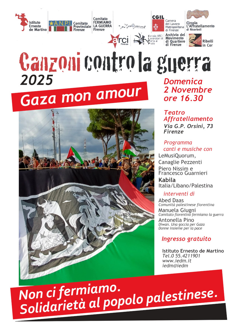Manifesto di “Canzoni contro la guerra” 2025. Il testo è uguale a quello nel post. C'è una foto con tante persone che sorreggono una grande bandiera palestinese con una riproduzione del quadro “Guernica” di Pablo Picasso.