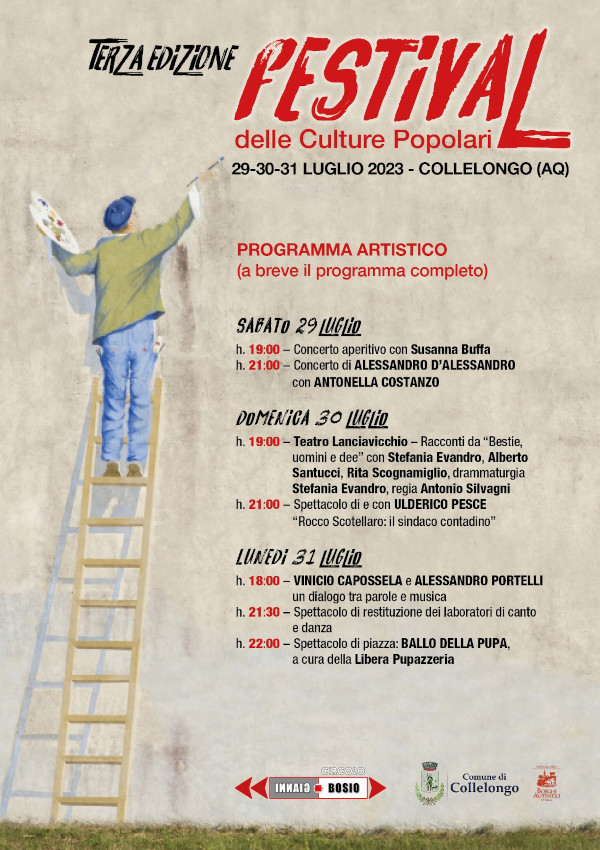 Volantino con il programma artistico del Festival delle Culture Popolari 2023. Il programma è leggibile in formato testo all‘indirizzo https://www.produzionidalbasso.com/project/festival-delle-culture-popolari-2023-collelongo-aq-iii-edizione/