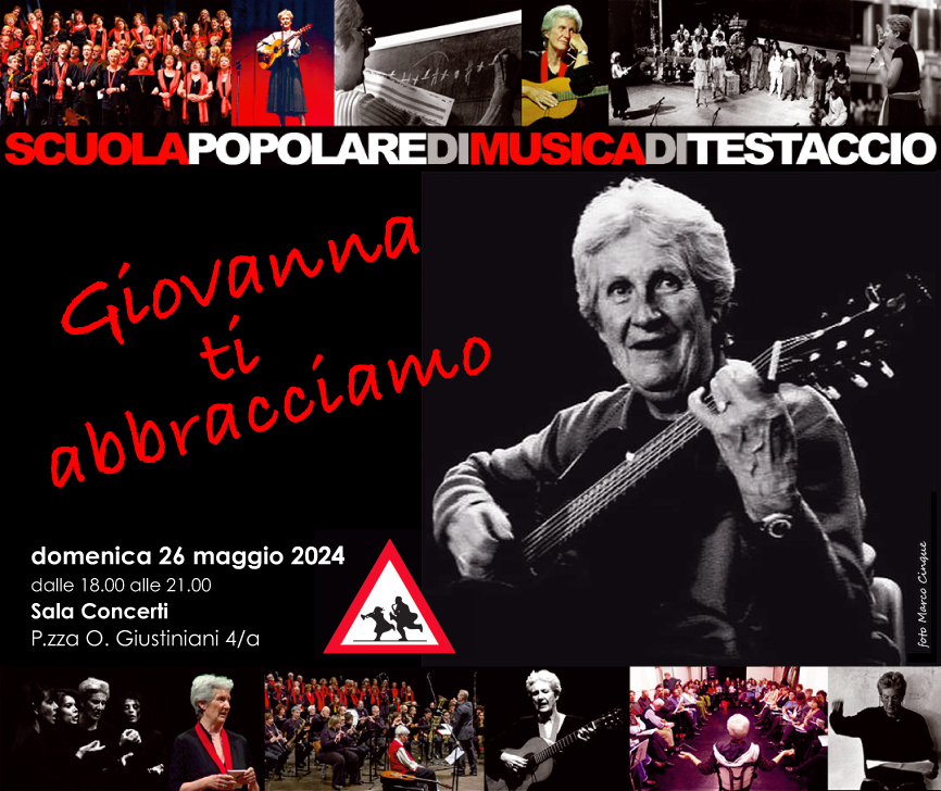 Un volantino per l'iniziativa "Giovanna ti abbracciamo", con tante foto di Giovanna Marini.