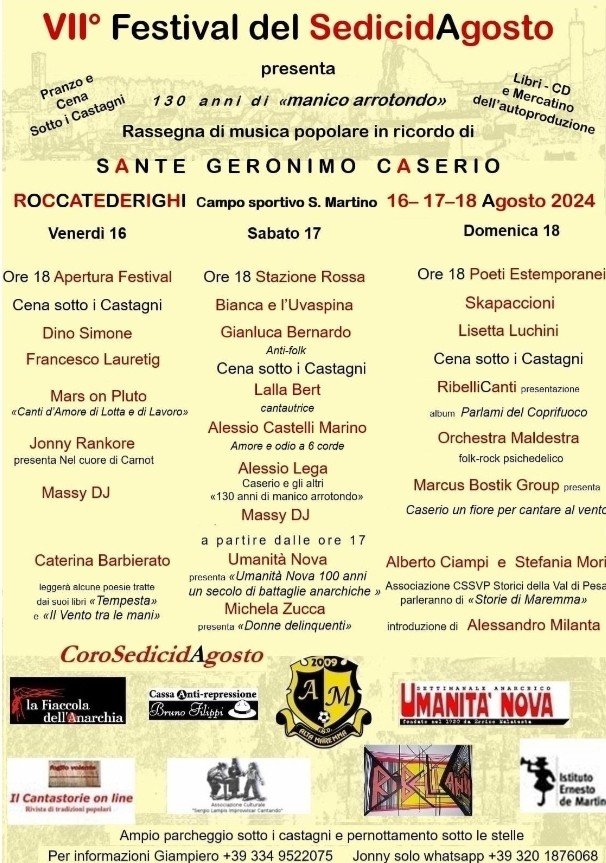 Volantino del “Festival anarchico SedicidAgosto” 2024; il testo è riportato nel post.