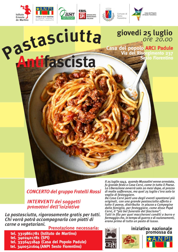 Volantino di presentazione dell’iniziativa. Al centro c’è una foto che ritrae, dall'alto, un piatto di spaghetti al ragù.