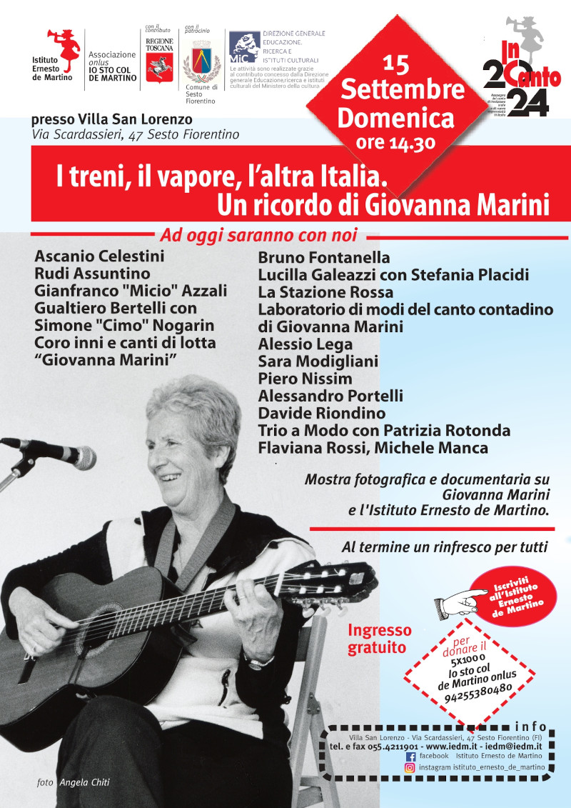 Immagine della locandina dell’iniziativa “Un ricordo di Giovanna Marini”. C’è una foto di Giovanna mentre canta sorridente. Il testo è quello del post.