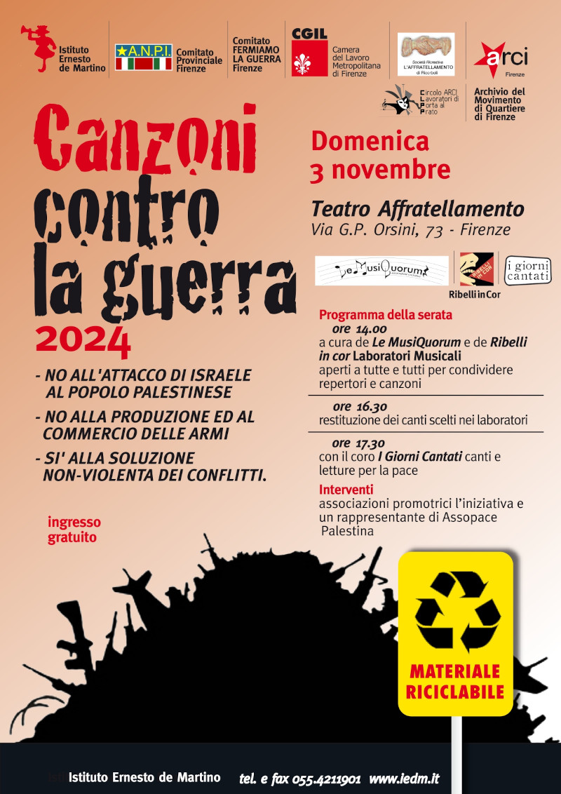 Volantino dell’iniziativa “Canzoni contro la guerra 2024”. Il testo è riportato nel post.